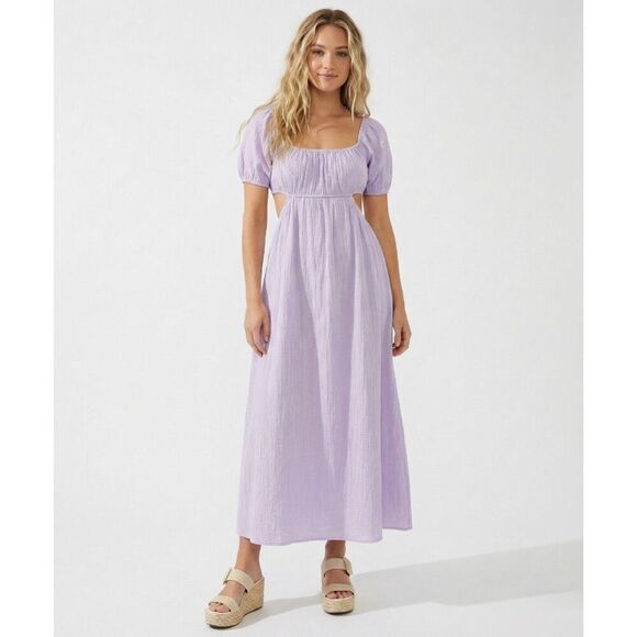 Billabong Dresses & Skirts - Billabong On The Coast Midi Dress Medium NWT Purple Puff Sleeve Cut Out Lavender